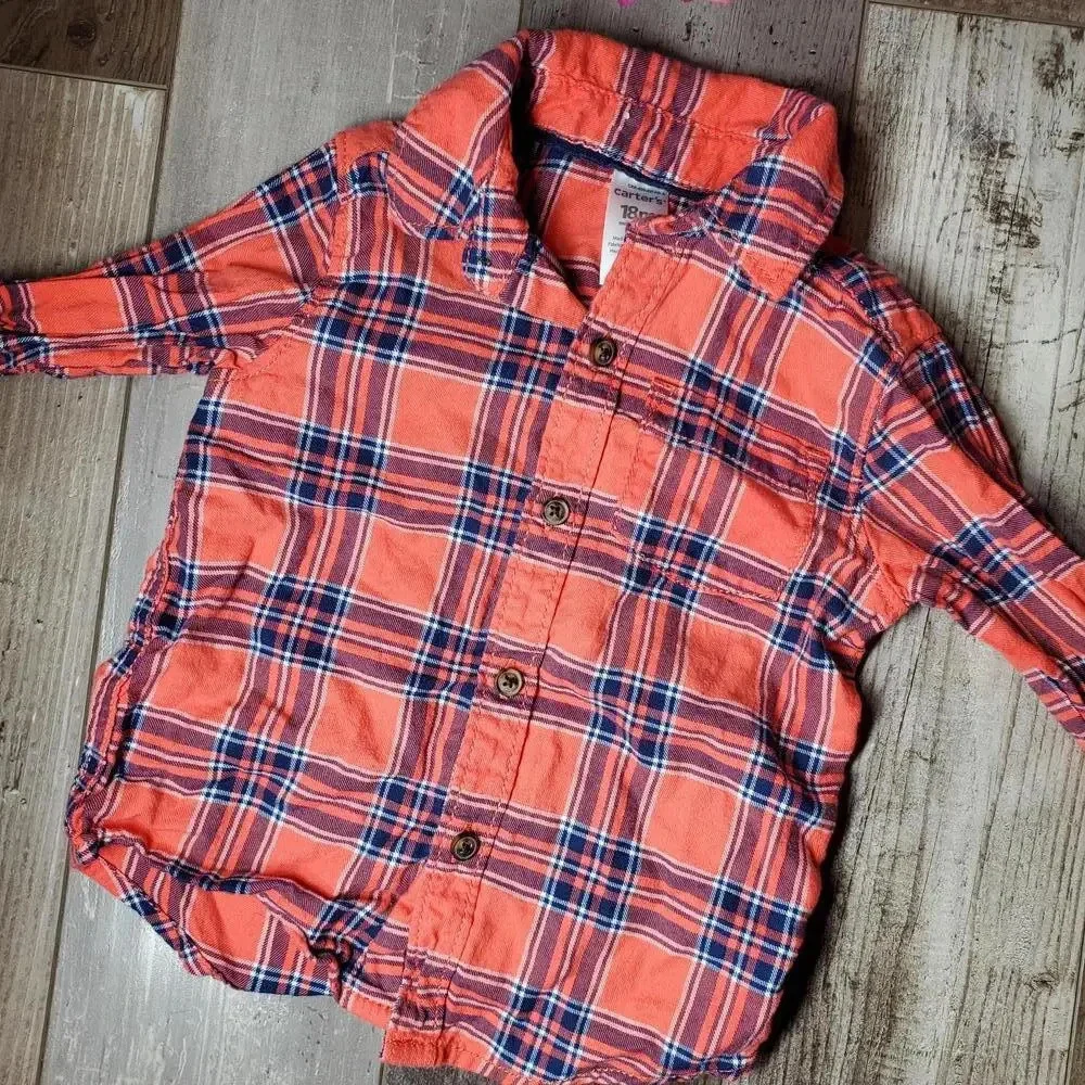 Carter's Baby Toddler Boy Coral Orange and Blue Plaid Flannel Size 18m NWOT